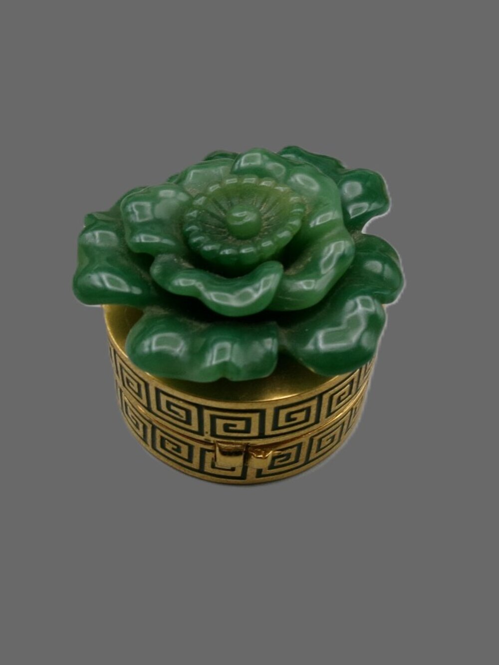 Full Estee Lauder Aliage Christmas Camellia Compact, Faux Jade, Greek Key Base